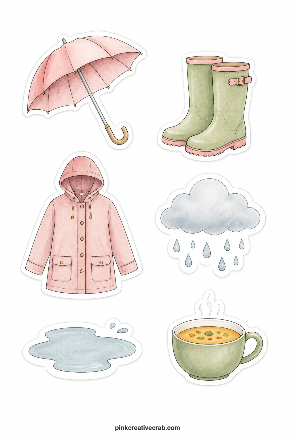 Rainy Day Stickers printable page — An umbrella, a pair of rain boots, a raincoat, a cloud, a puddle and a hot soup mug sit together for the kind of grey day