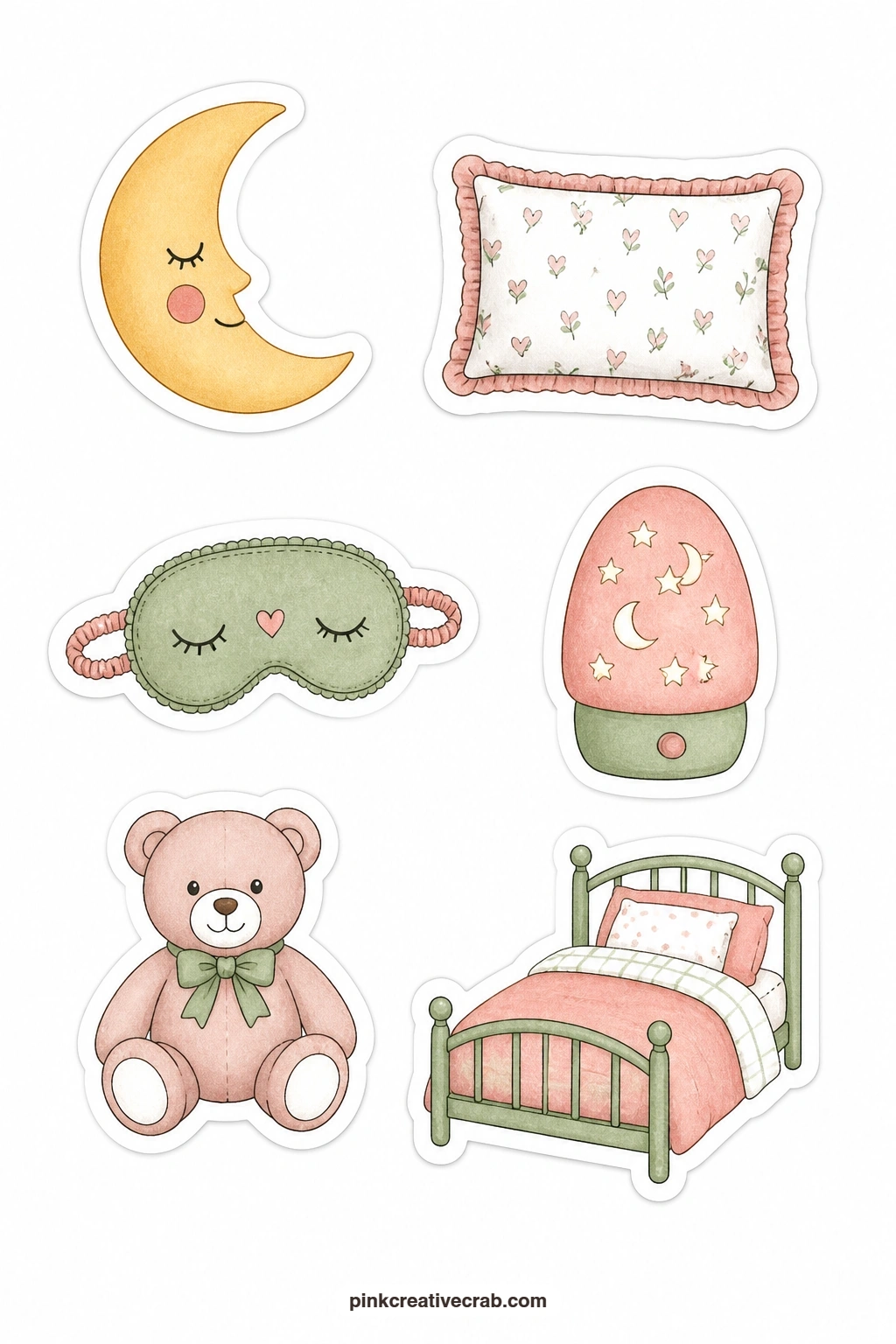 Sleep and Night Stickers printable page — Close out the day with a moon, a pillow, a sleep mask, a nightlight, a teddy bear and a bed, soft shapes for a