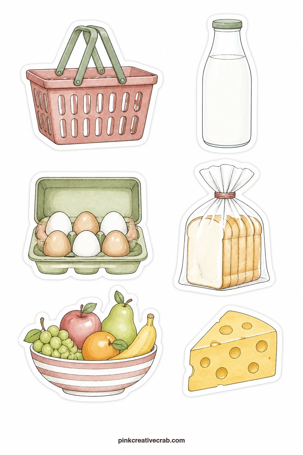 Grocery List Stickers printable page — Mark the shopping page of a planner with a shopping basket, a milk bottle, an egg carton, a bread bag, a fruit bowl and