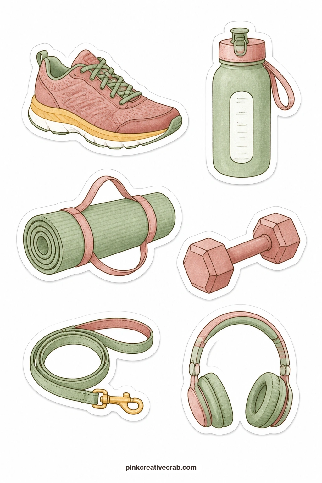 Workout and Walks Stickers printable page — A sneaker, a water bottle, a yoga mat, a dumbbell, a dog leash and a pair of headphones track movement days without
