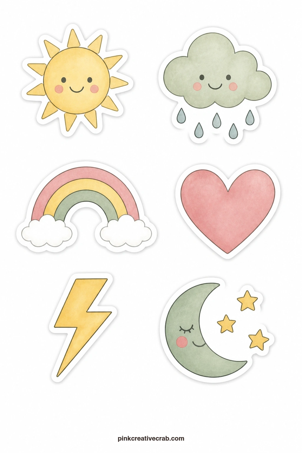 Mood Icon Stickers printable page — Sum up a day in one small symbol with a sun, a rain cloud, a rainbow, a heart, a lightning bolt and a moon with stars, a