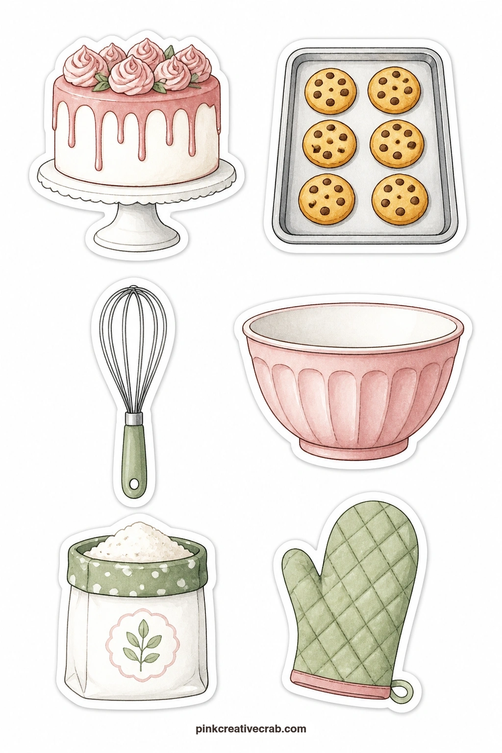 Weekend Baking Stickers printable page — A cake, a cookie tray, a whisk, a mixing bowl, a flour bag and an oven mitt mark a weekend of baking, good for a