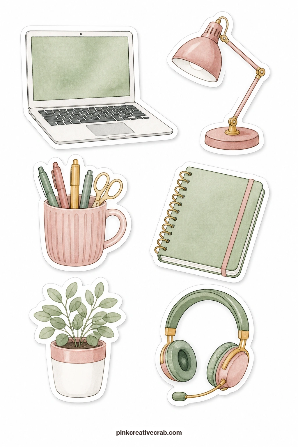 Home Office Stickers printable page — A laptop, a desk lamp, a mug of pens, a notebook, a desk plant and a headset round out a work from home spread, equally