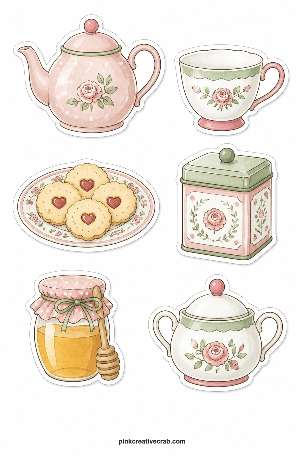 Tea Time Stickers printable page — A teapot, a teacup, a biscuit plate, a tea tin, a honey jar and a sugar bowl fill out an afternoon tea page, and the set