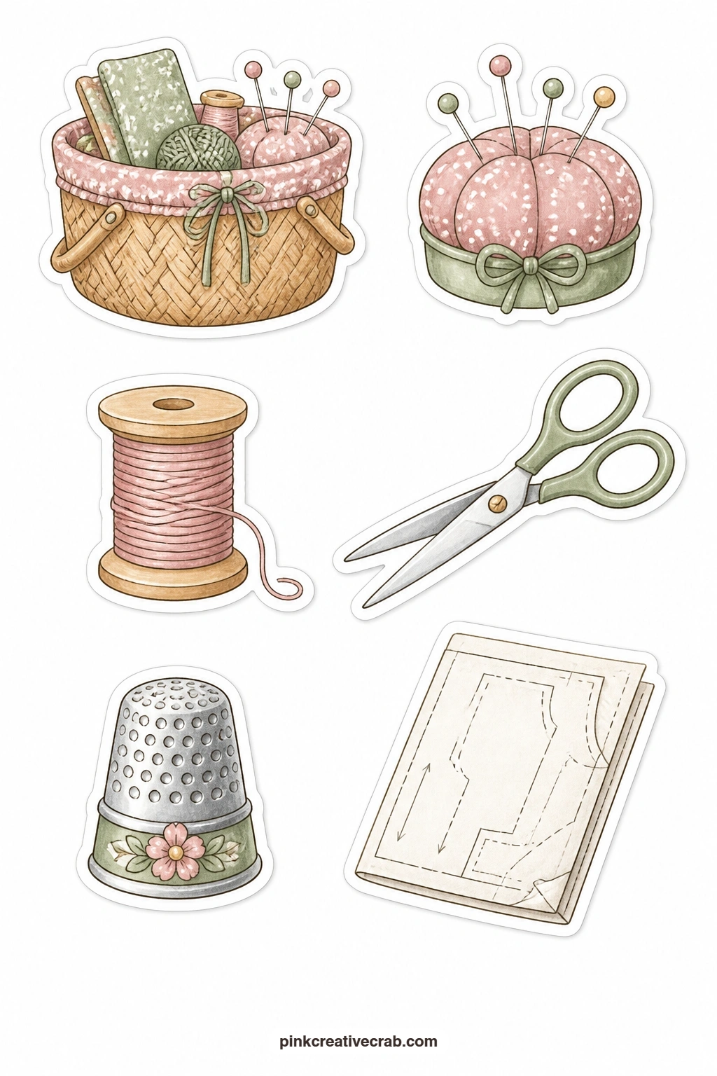Sewing Corner Stickers printable page — A sewing basket, a pincushion, a spool of thread, a pair of scissors, a thimble and a paper pattern suit a slower hobby