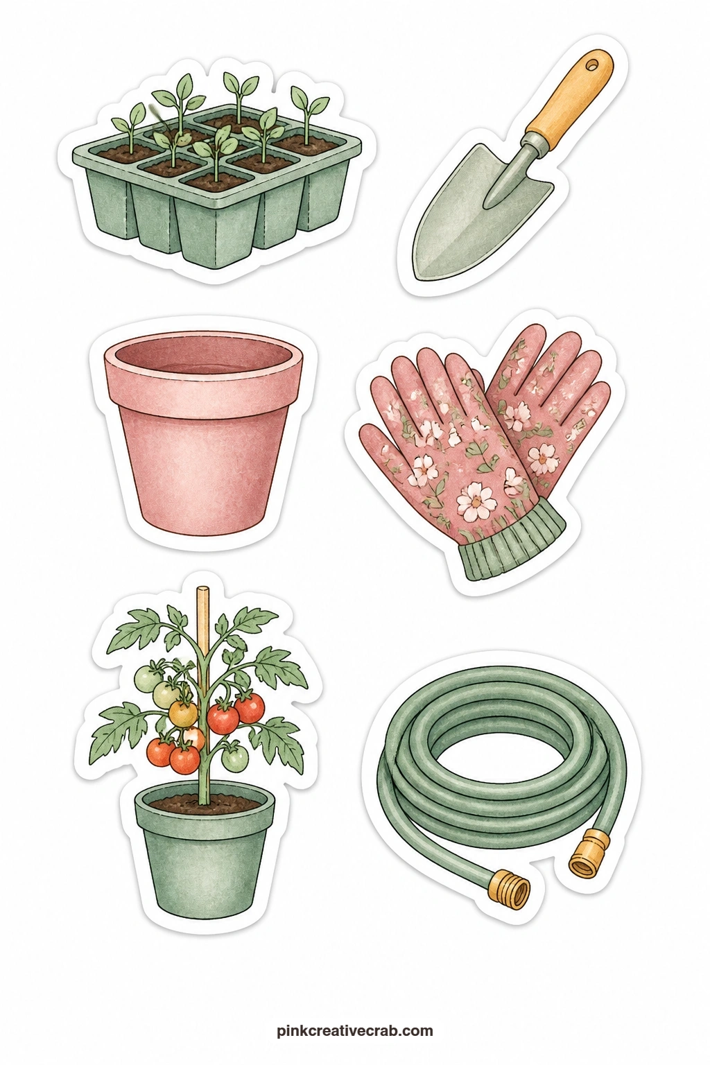 Garden at Home Stickers printable page — A seed tray, a trowel, a flower pot, a pair of garden gloves, a tomato plant and a hose track a season of growing