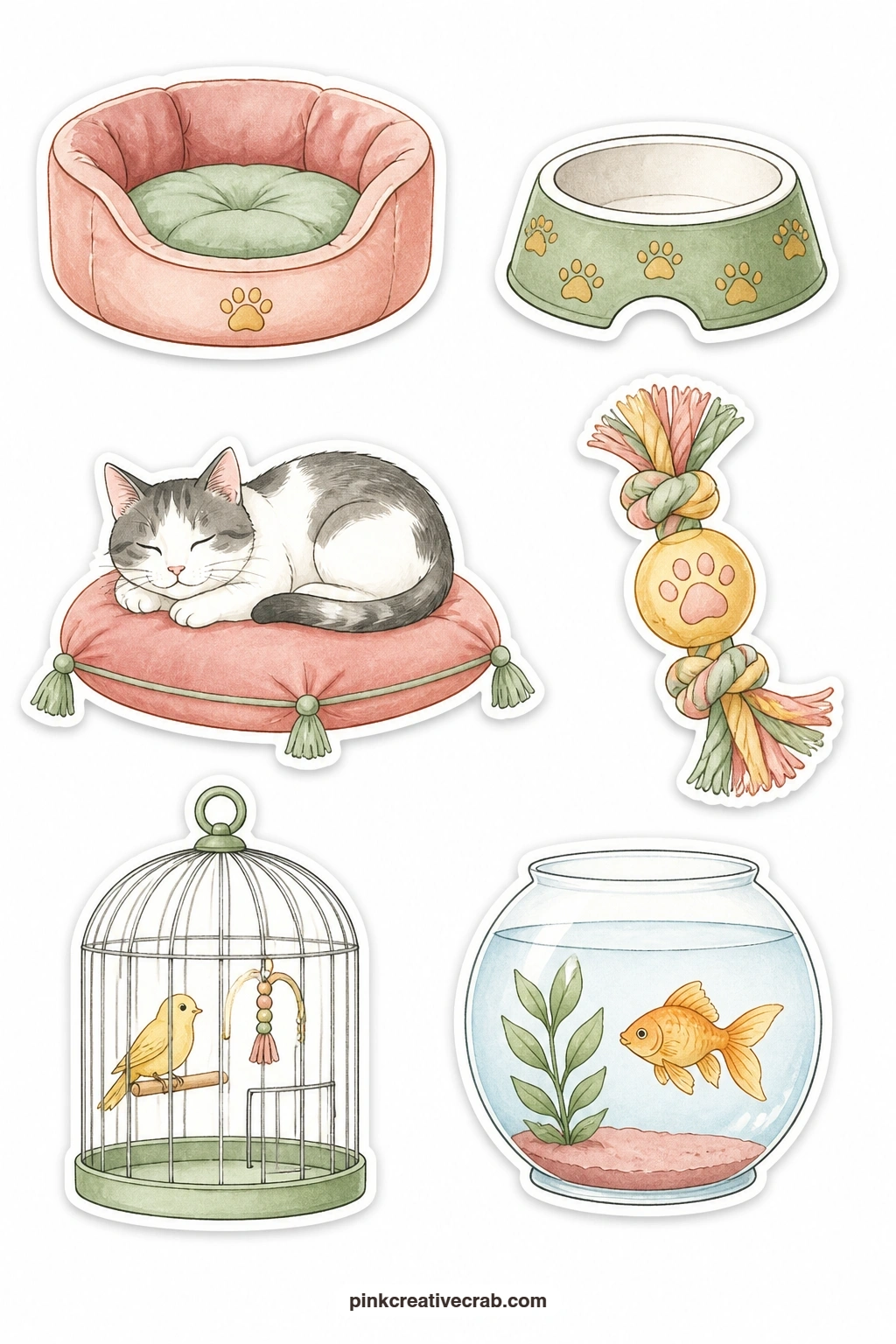 Pets at Home Stickers printable page — A cat bed, a dog bowl, a cat on a cushion, a dog toy, a bird cage and a fish bowl cover more than one kind of pet, so