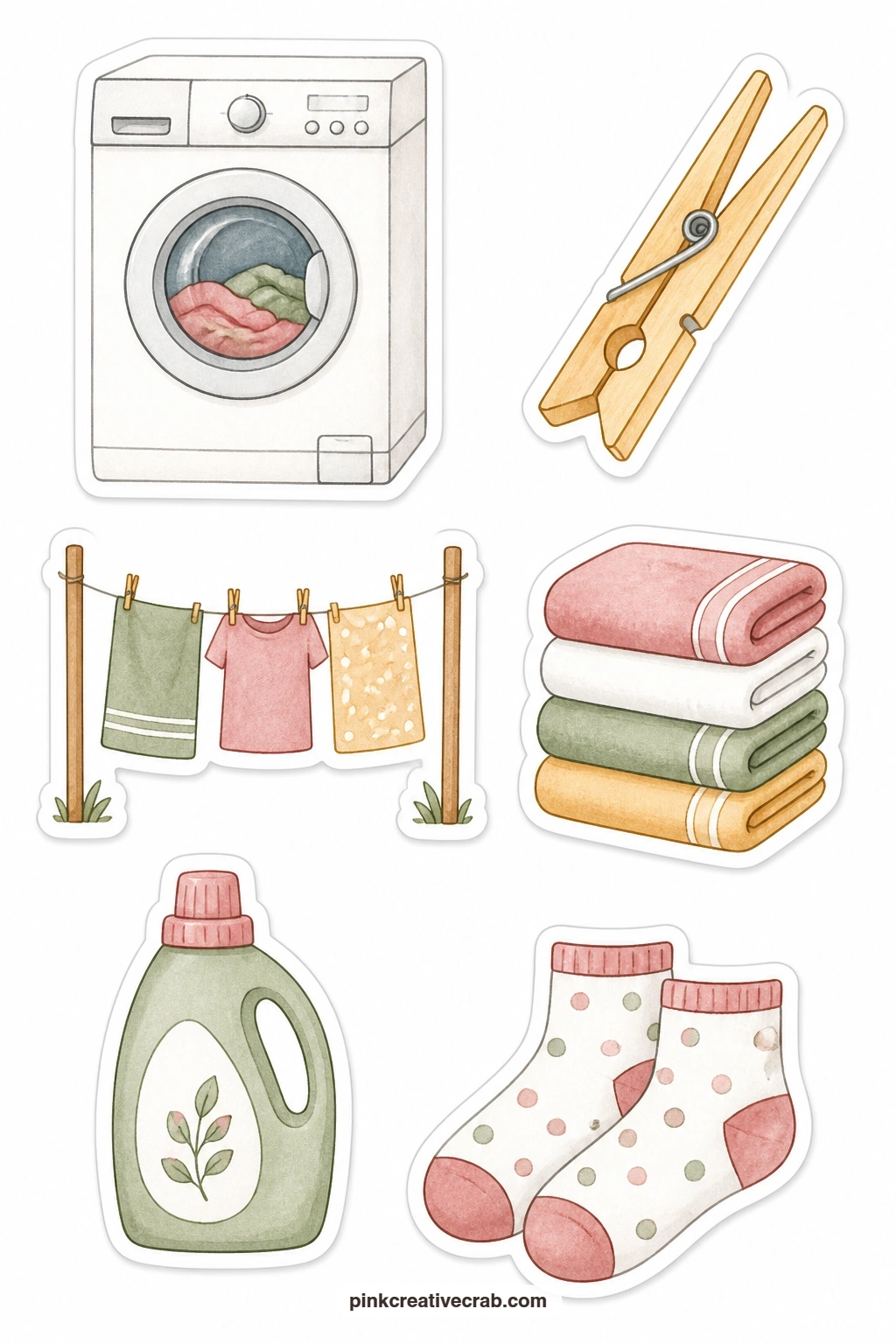 Laundry Day Stickers printable page — A washing machine, a clothespin, a clothesline, a folded towel stack, a detergent bottle and a pair of socks make laundry