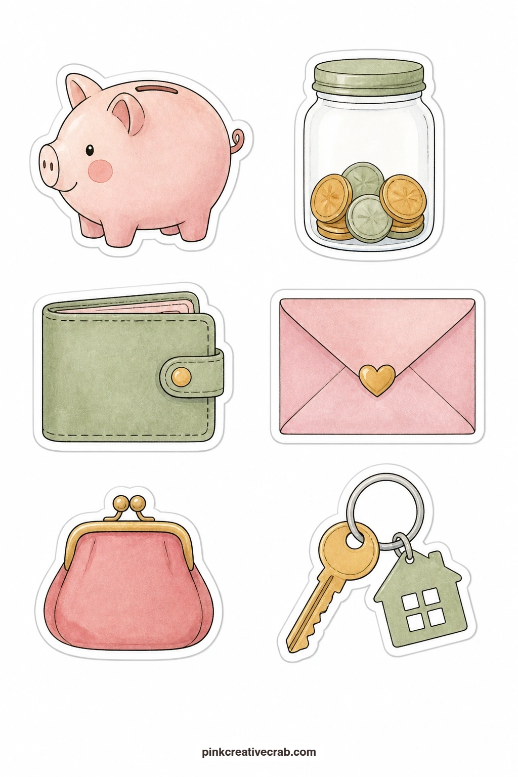 Budget and Bills Stickers printable page — A piggy bank, a coin jar, a wallet, an envelope, a purse and a house key keep a budget page visually light even when