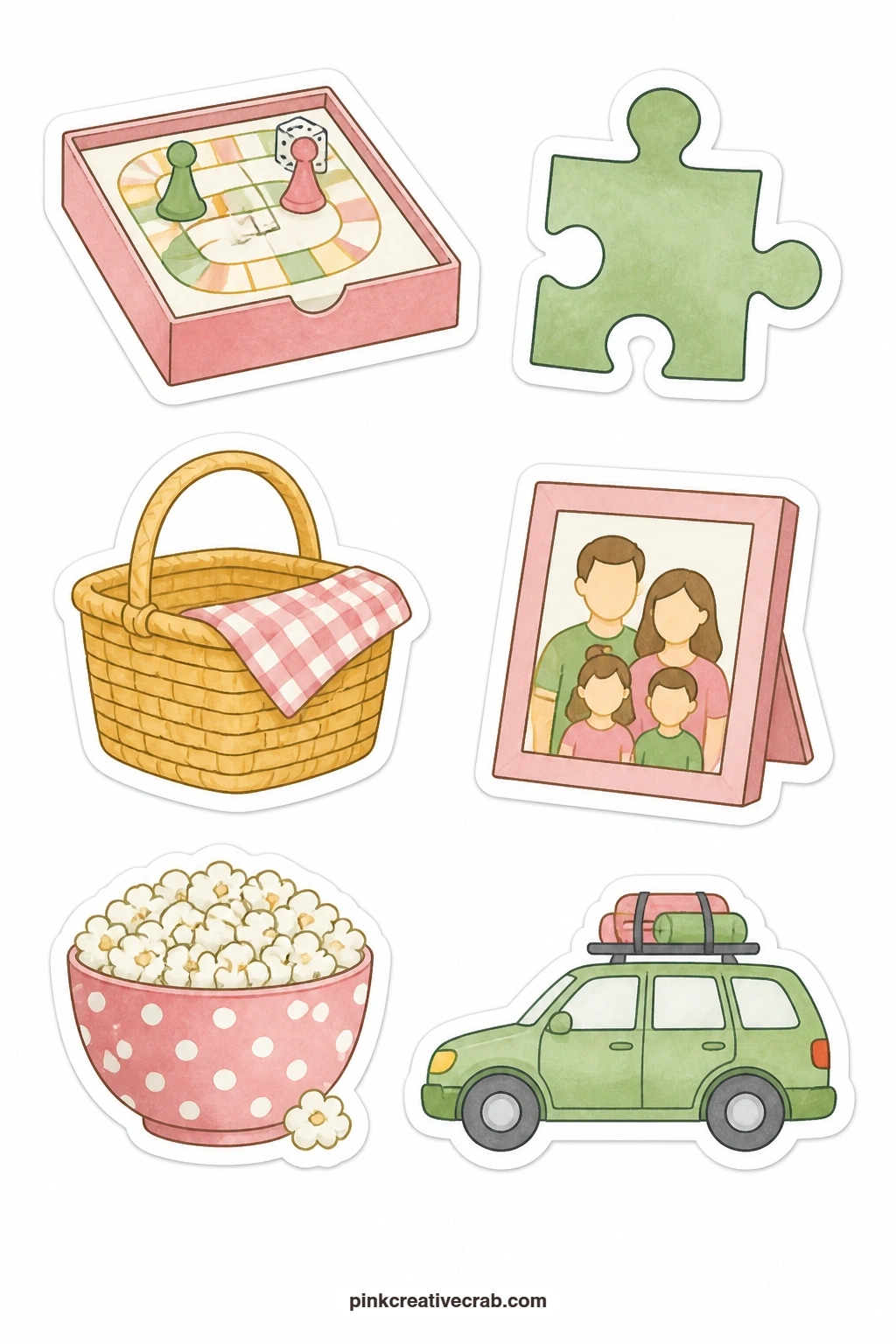 Family Time Stickers printable page — A board game, a puzzle piece, a picnic basket, a photo frame, a popcorn bowl and a family car mark the days built around