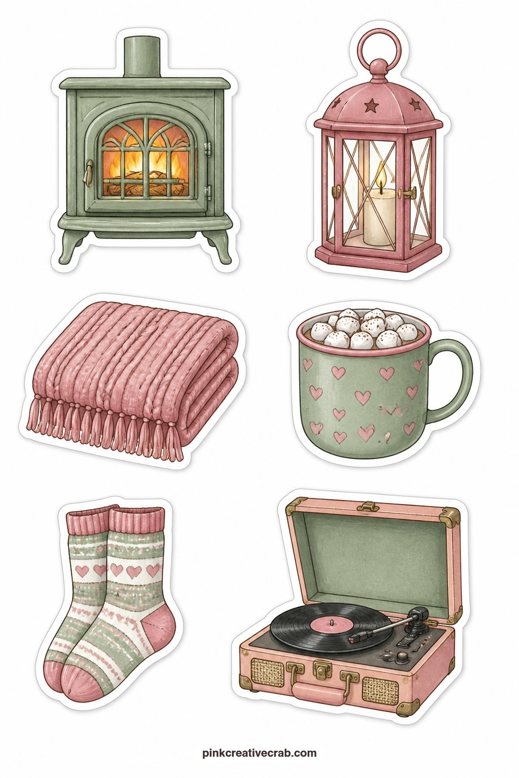 Cozy Evening Stickers printable page — A fireplace, a candle lantern, a knitted throw, a hot cocoa mug, a pair of wool socks and a record player close the day