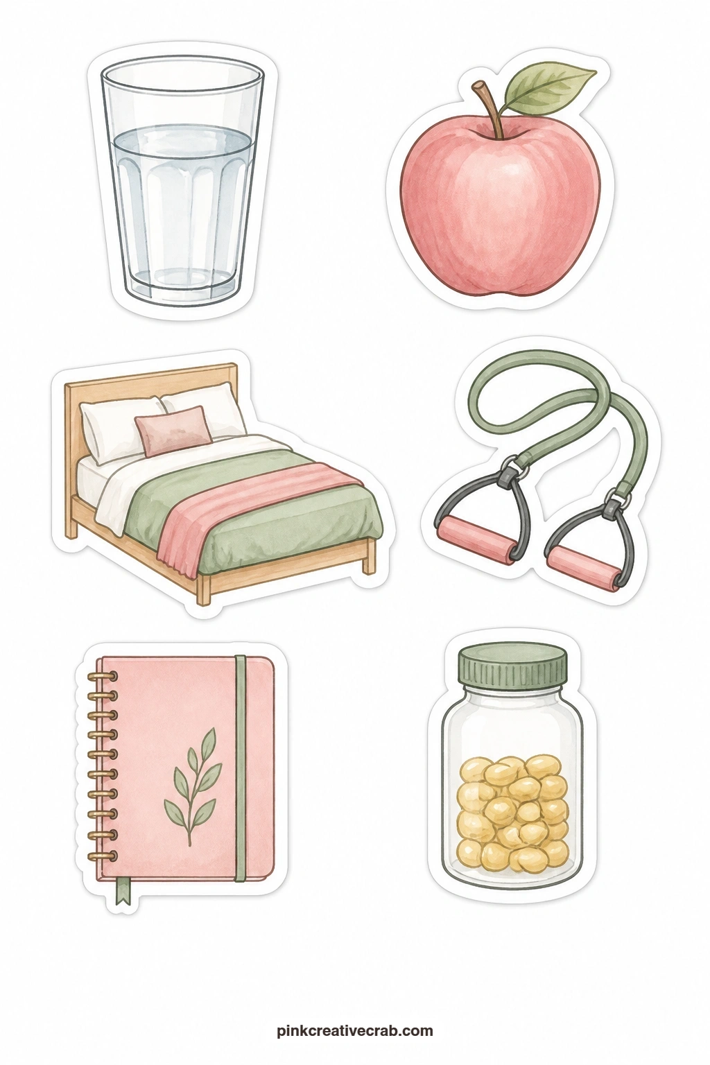 Habit Tracker Stickers printable page — Finish the set with a water glass, a piece of fruit, a made bed, a stretching band, a journal and a vitamin bottle, six