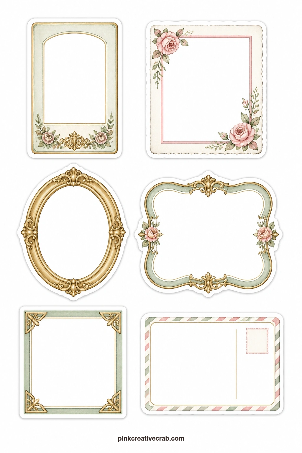 Cabinet Photo Frames Stickers printable page — Give an old family photo the setting it deserves with this sheet of frame shapes: a cabinet card frame, a deckle