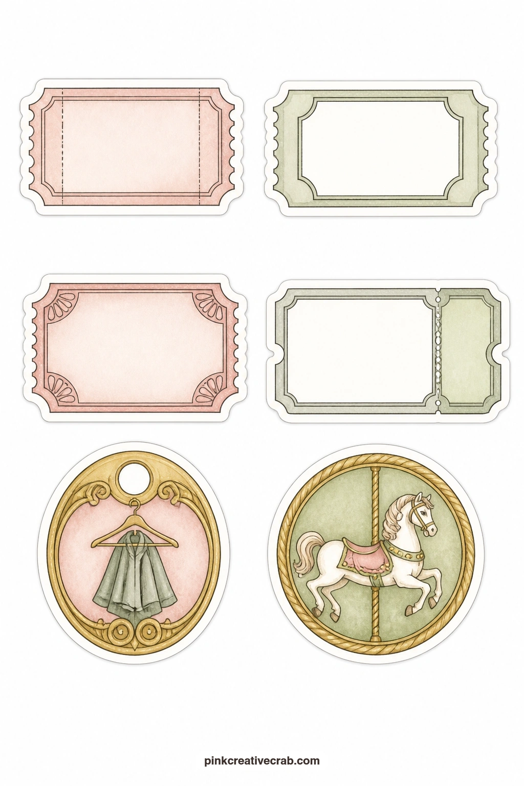 Old Ticket Stub Stickers printable page — These read like the real paper slips tucked into old wallets: a blank train ticket, a blank theater ticket, a blank