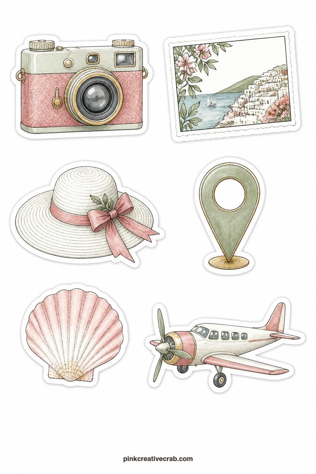 Travel Memory Stickers printable page — Pack a trip page with the small gear that says travel without naming a place: a camera, a postcard, a sun hat, a map