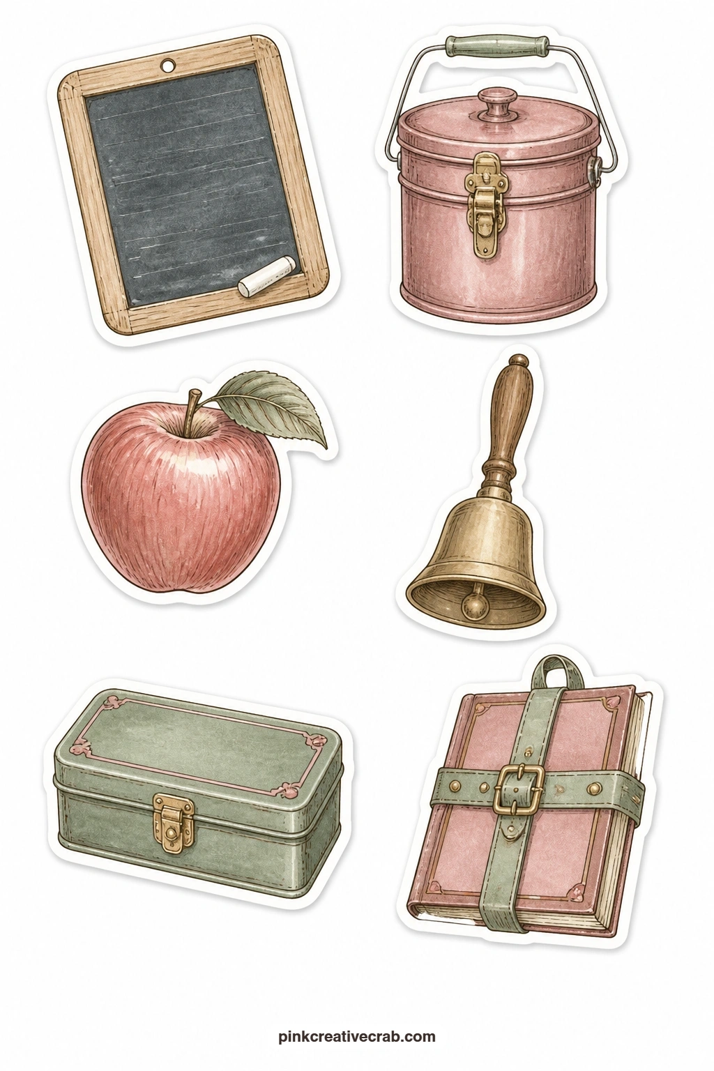 Old Schoolroom Stickers printable page — Nothing says school days like a chalkboard slate, a lunch pail, an apple, a school bell, a pencil box and a book