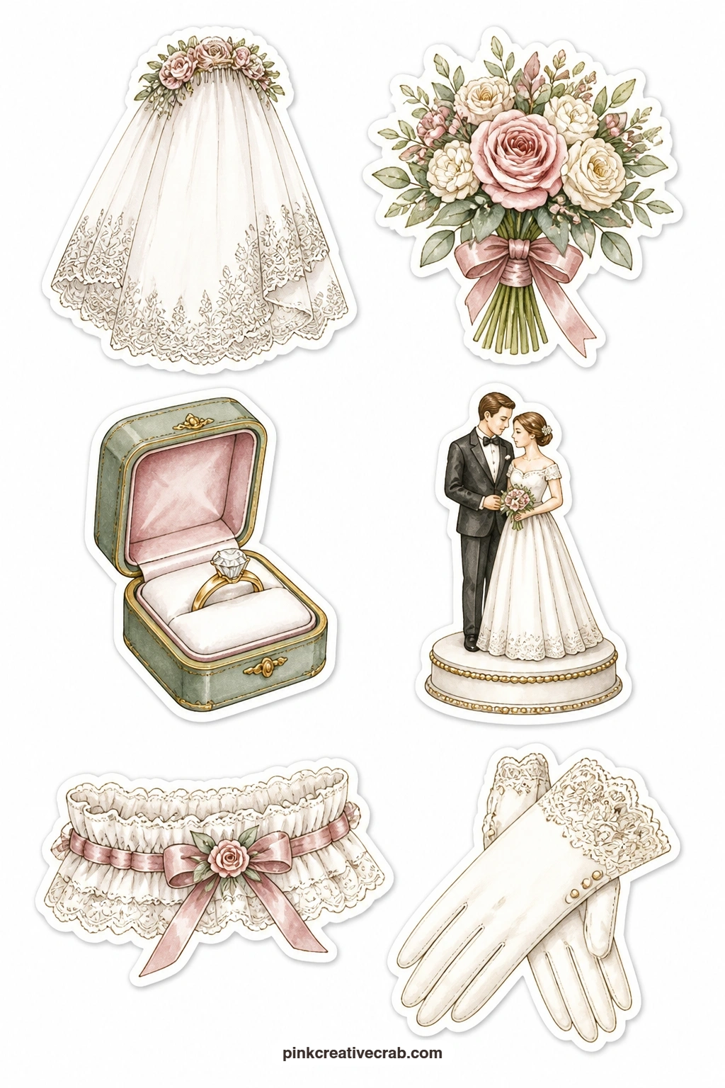 Wedding Day Stickers printable page — A wedding page gets its own set of quiet details: a veil, a bouquet, a ring box, a cake topper couple, a garter and a