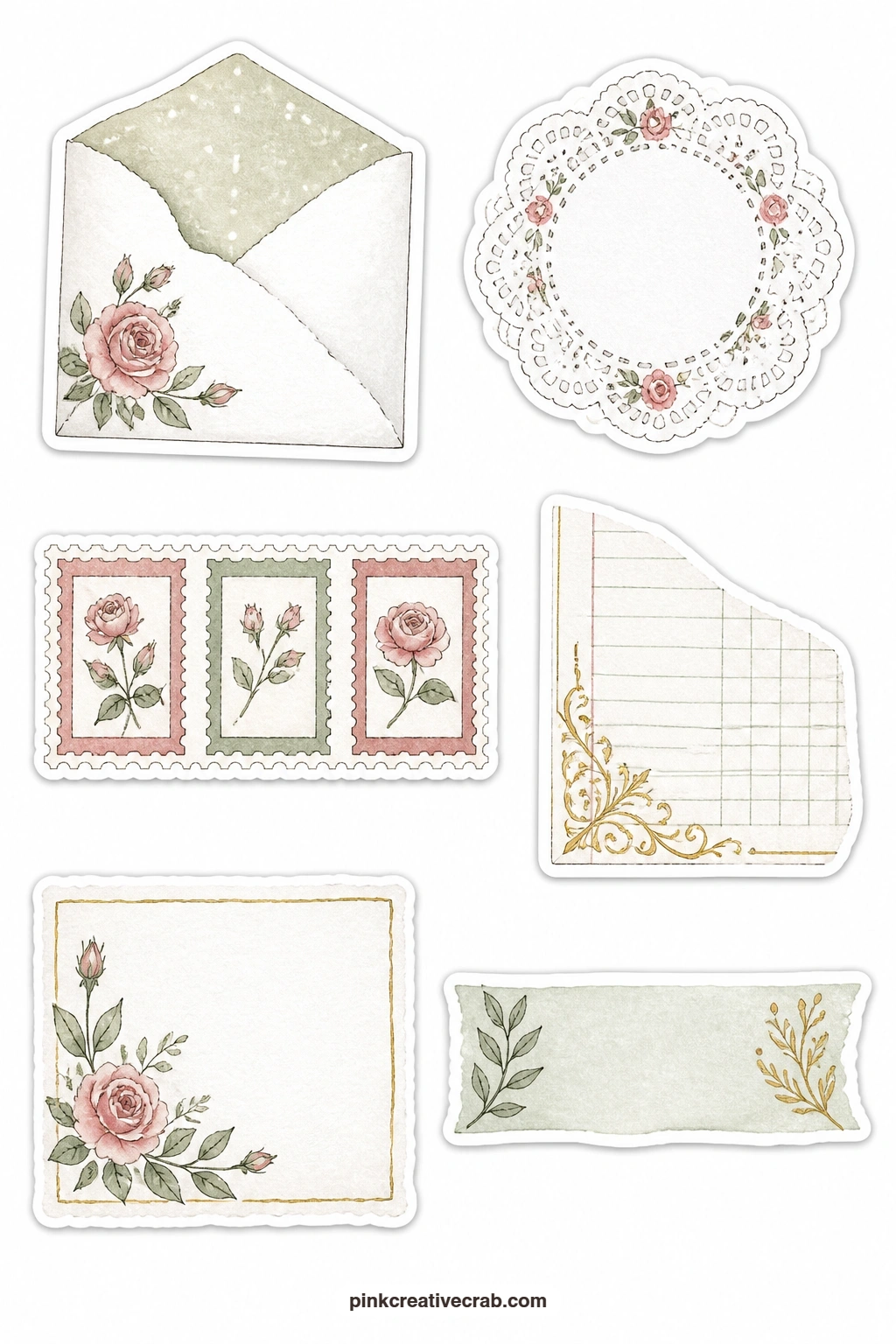 Paper Scrap Stickers printable page — Build texture under a photo with a torn envelope, a paper doily, a stamp strip, a ledger corner, a deckle card and a