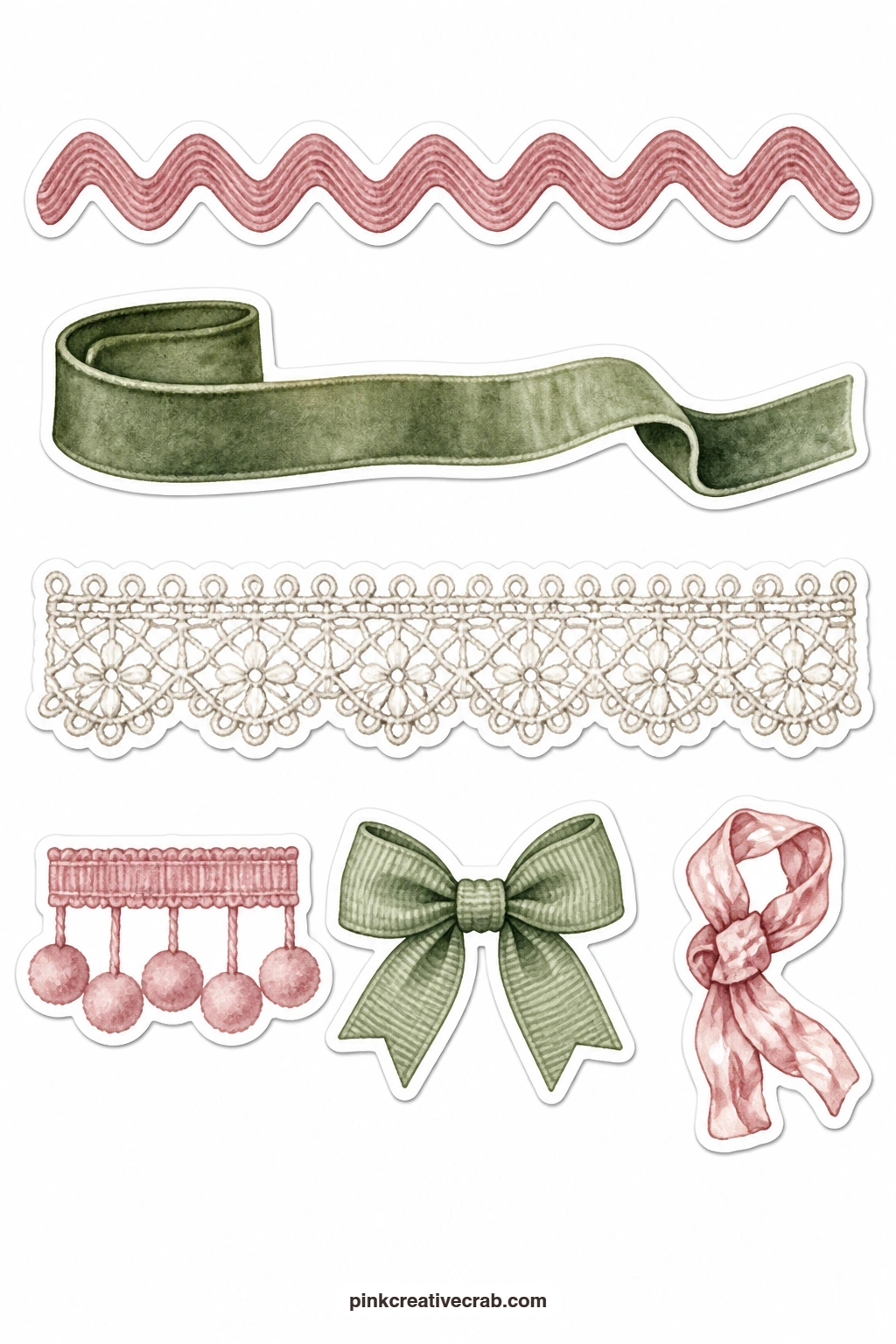 Ribbon and Trim Stickers printable page — Edge a page the way an old sewing box would: rick rack, a velvet ribbon, a lace trim, a pom pom trim, a grosgrain bow