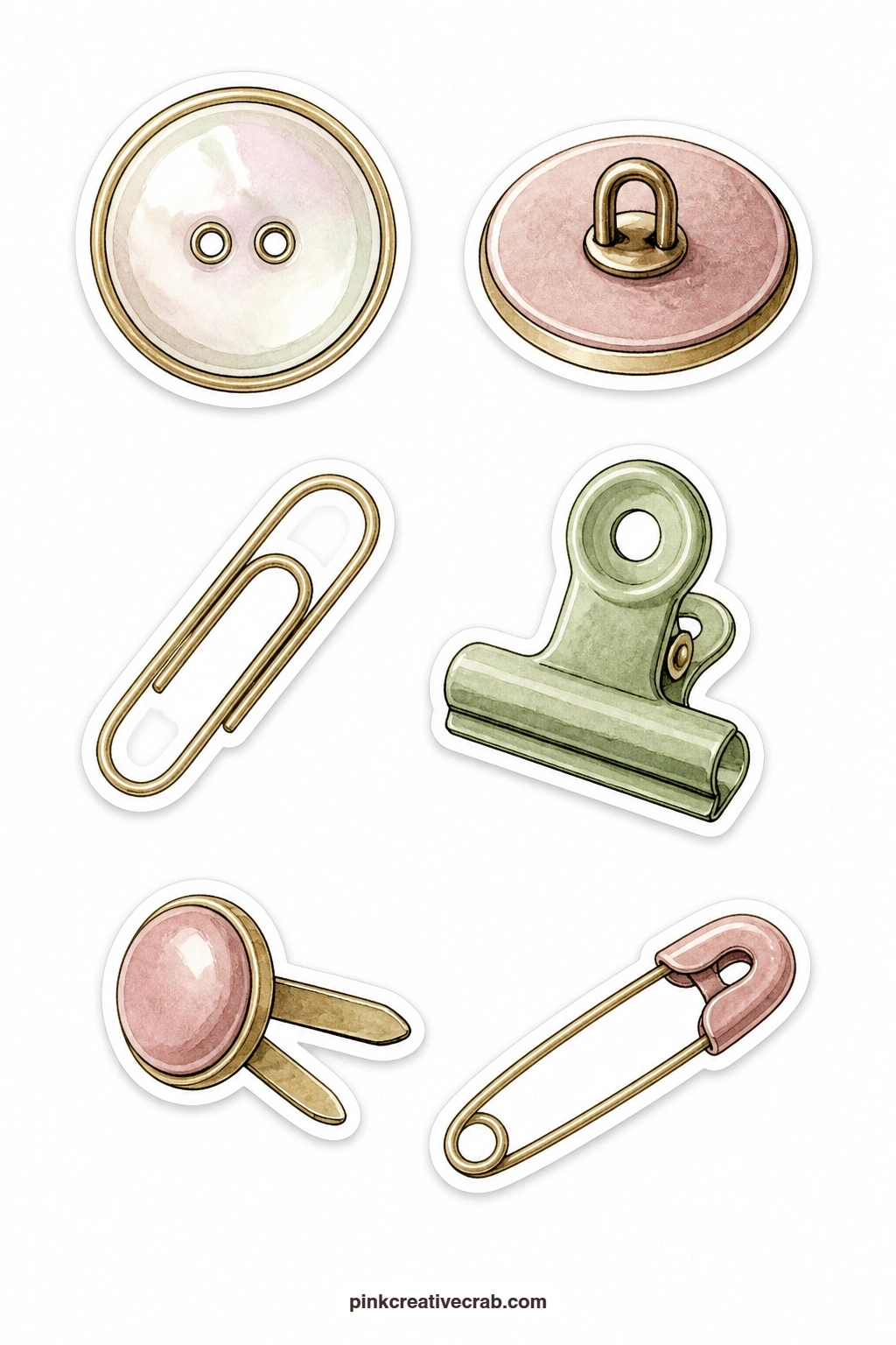 Button and Clip Stickers printable page — Small hardware makes a page feel handled and real: a pearl button, a shank button, a paper clip, a bulldog clip, a