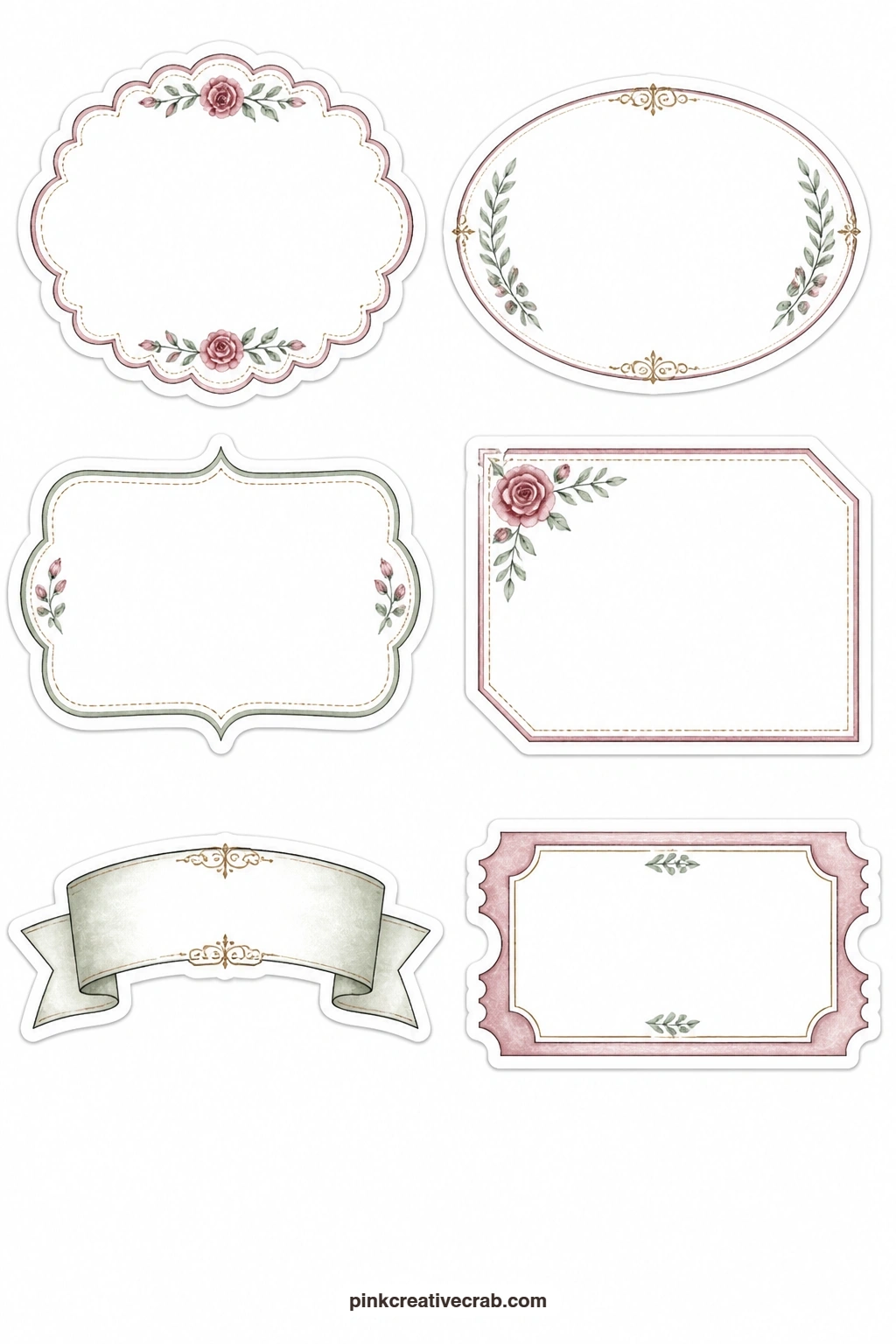 Blank Vintage Label Stickers printable page — Keep a scalloped label, an oval label, a bracket label, a label shape with a corner, a plain banner and a ticket