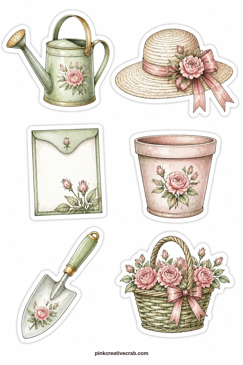 Garden Memory Stickers printable page — A watering can, a straw hat, a plain seed packet, a flower pot, a trowel and a basket of roses bring an afternoon in