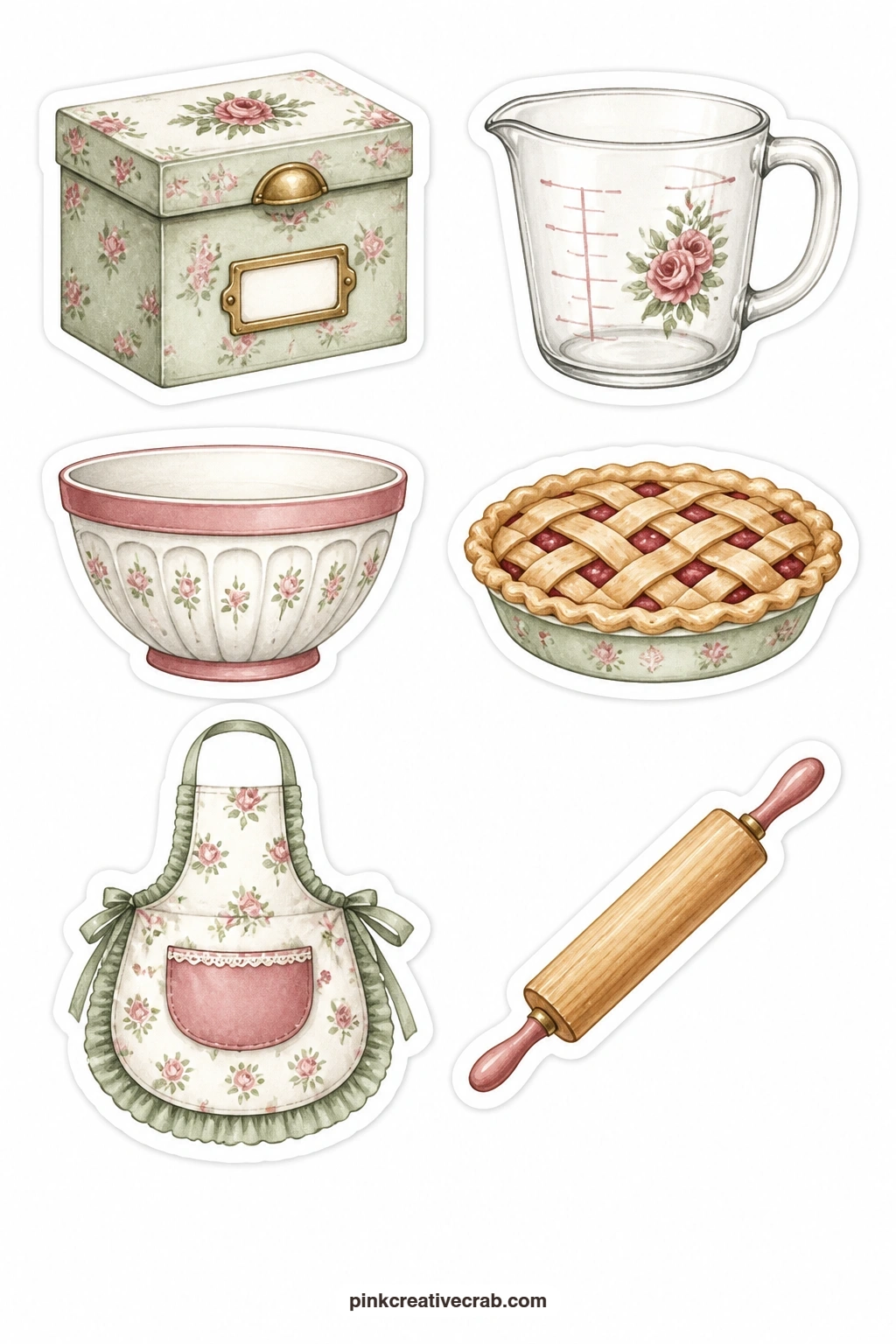 Kitchen Recipe Stickers printable page — A recipe box, a measuring cup, a mixing bowl, a pie, an apron and a rolling pin suit a page built around a family