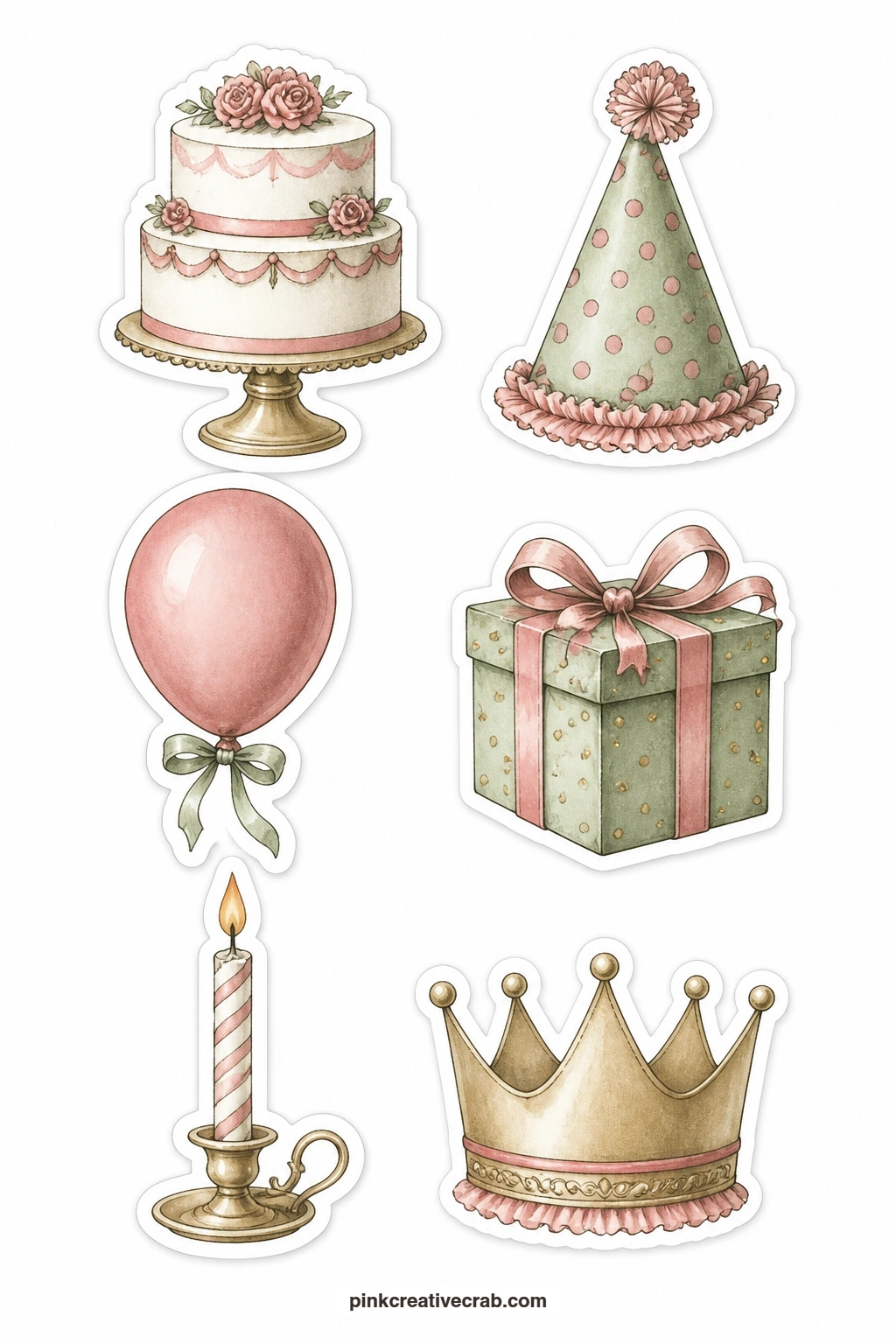 Old Birthday Party Stickers printable page — Mark a birthday page from decades back with a layer cake, a party hat, a balloon, a gift, a candle and a paper