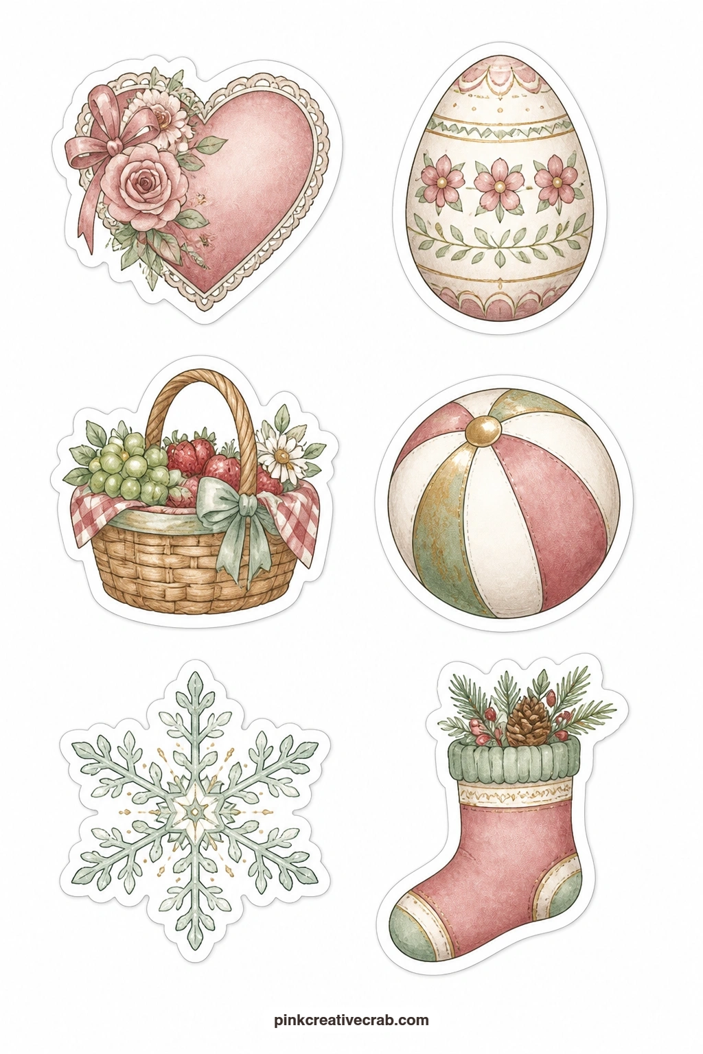 Holiday Year Stickers printable page — One sheet covers the whole calendar: a valentine heart, an Easter egg, a picnic basket, a beach ball, a snowflake and a