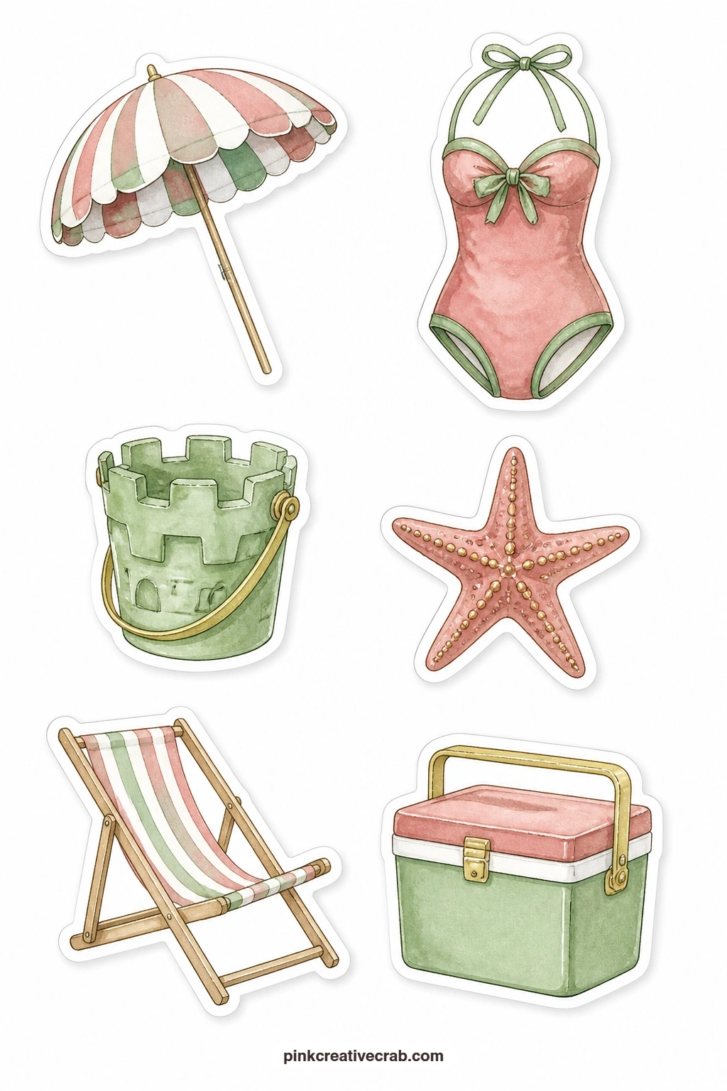 Beach Day Stickers printable page — A striped umbrella, a swimsuit, a sandcastle bucket, a starfish, a beach chair and a picnic cooler bring a summer afternoon