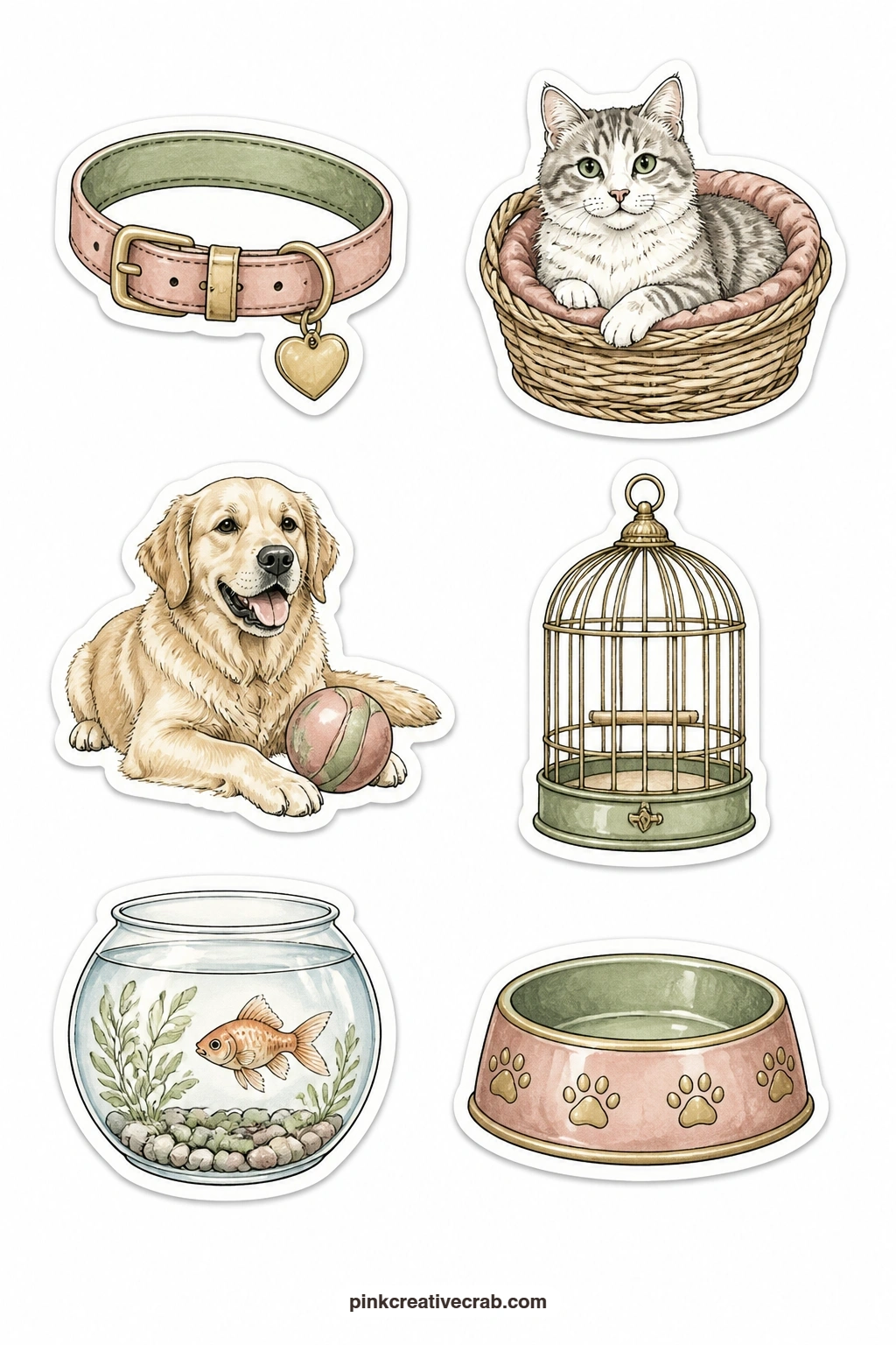 Family Pet Stickers printable page — A dog collar, a cat in a basket, a dog with a ball, a bird cage, a fish bowl and a pet bowl give family pets a place of