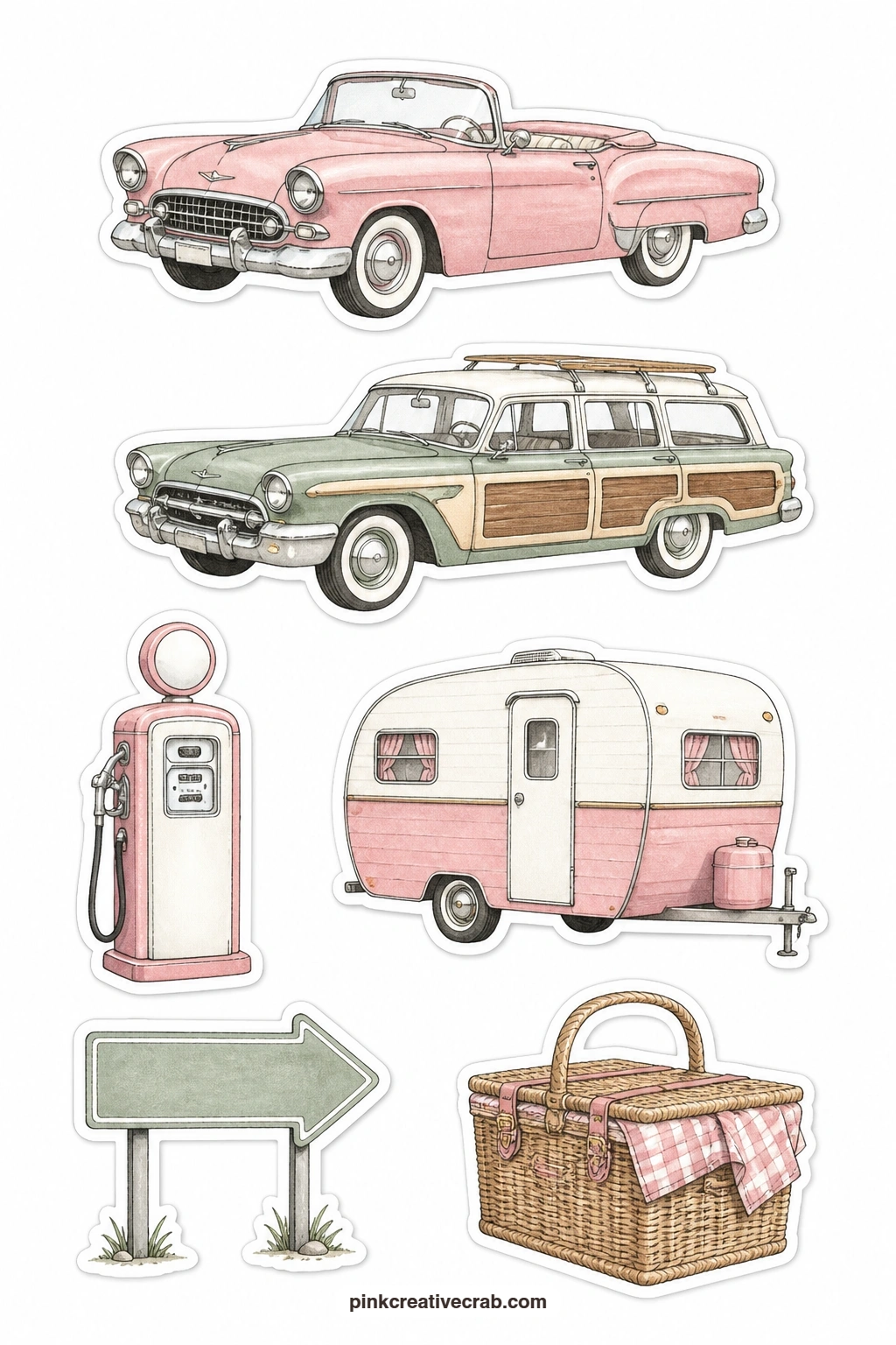 Road Trip Stickers printable page — A convertible, a station wagon, a gas pump, a camper, a plain road sign and a picnic hamper suit any page about a family