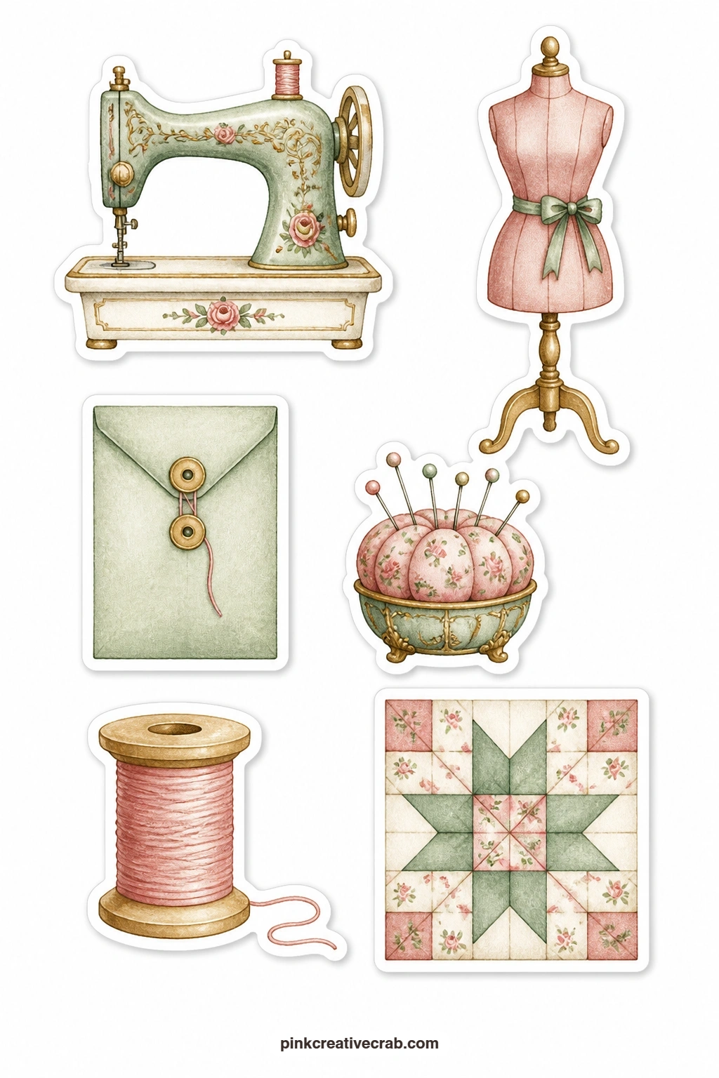Sewing Room Stickers printable page — A sewing machine, a dress form, a plain pattern envelope, a pincushion, a spool and a quilt square recall an old sewing