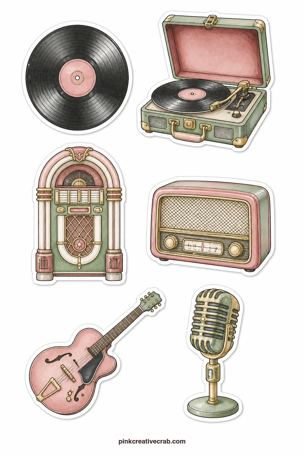Old Music Stickers printable page — A record, a record player, a jukebox, a radio, a guitar and a microphone bring an old music page to life without a single