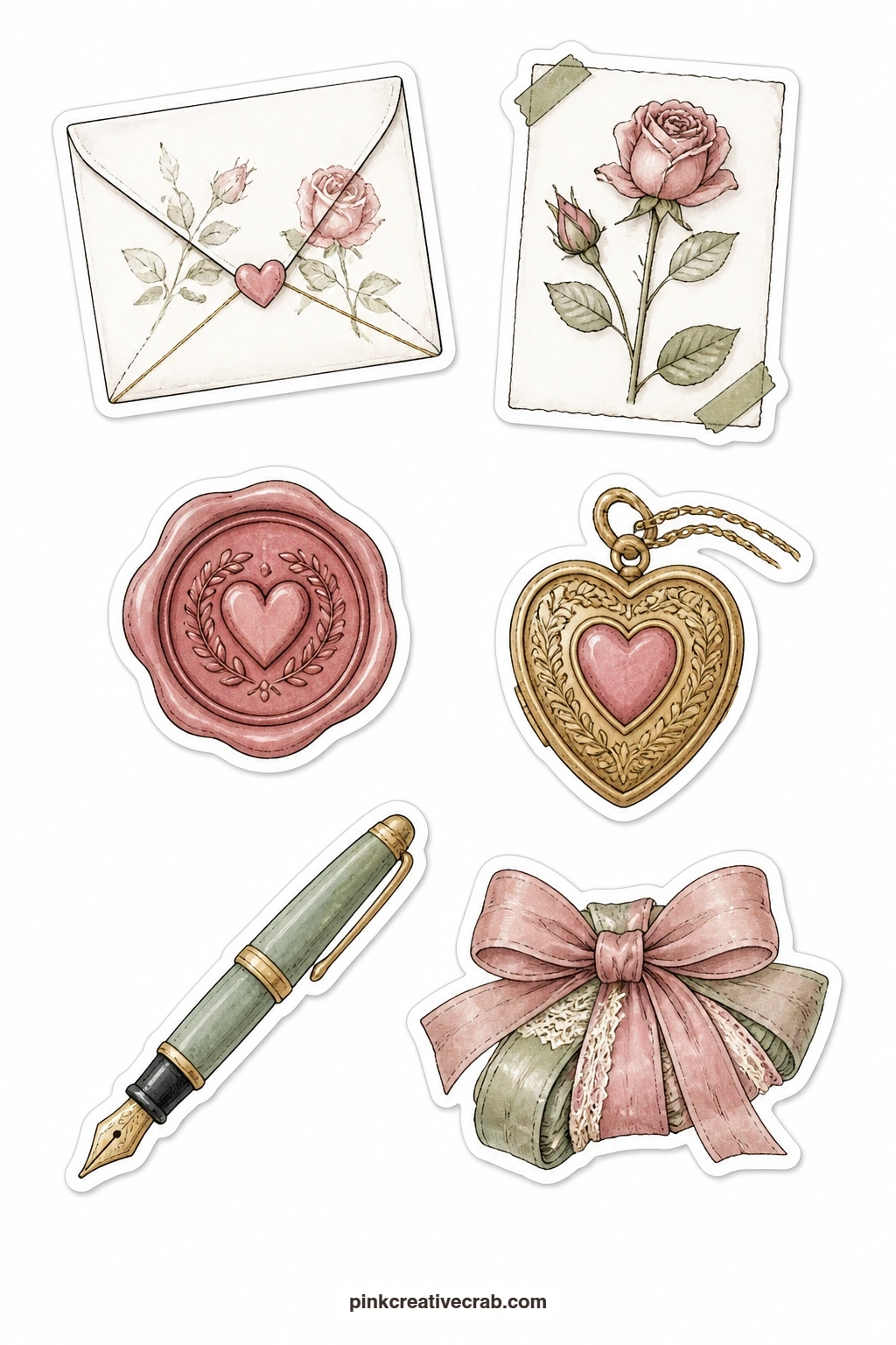 Love Letter Stickers printable page — A love letter, a pressed rose, a wax seal, a heart locket, a fountain pen and a ribbon bundle suit a page of old