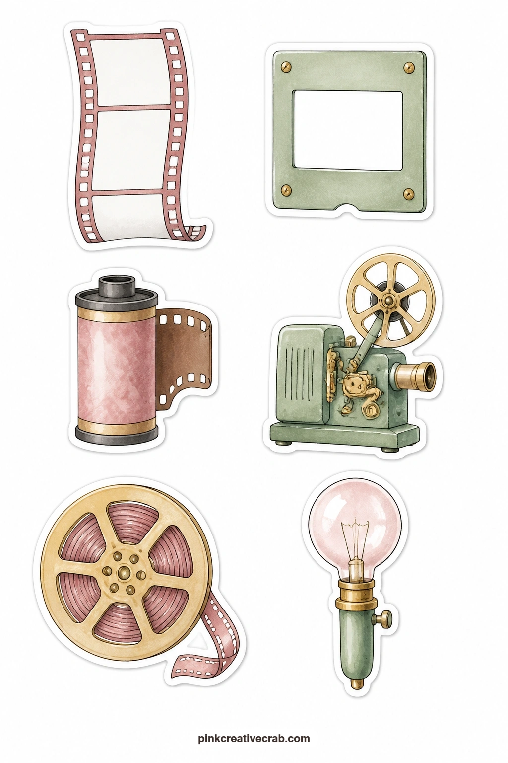 Film and Slide Stickers printable page — A film strip with blank frames, a slide mount, a film canister, a projector, a reel and a flashbulb let old