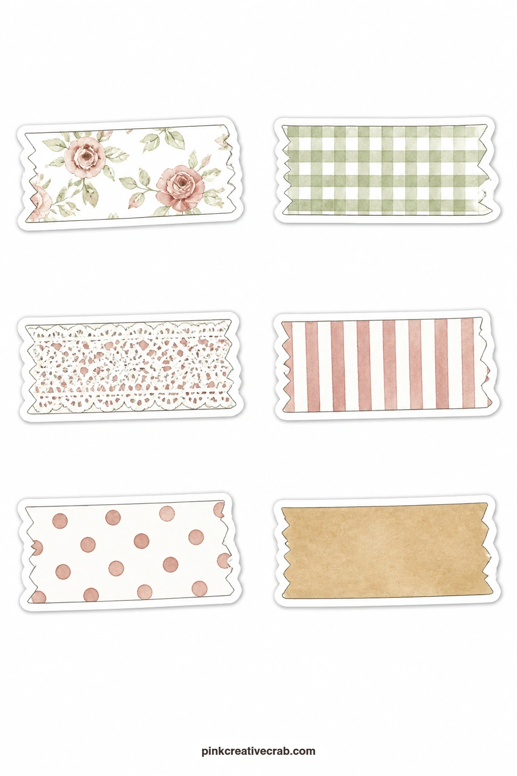 Vintage Tape Strip Stickers printable page — Six patterned strips stand in for washi tape: a floral tape strip, a gingham tape strip, a lace tape strip, a
