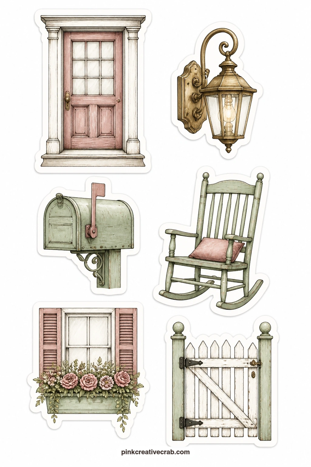 Old House Stickers printable page — A front door, a porch light, a mailbox, a rocking chair, a window box and a picket gate suit a page about a family home or