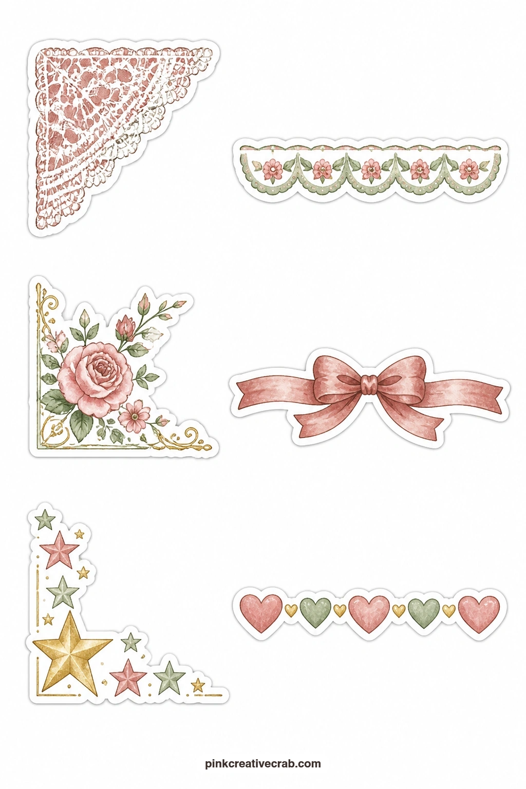 Corner and Divider Stickers printable page — Finish the set with the small pieces that hold a page together: a lace photo corner, a scalloped divider, a floral