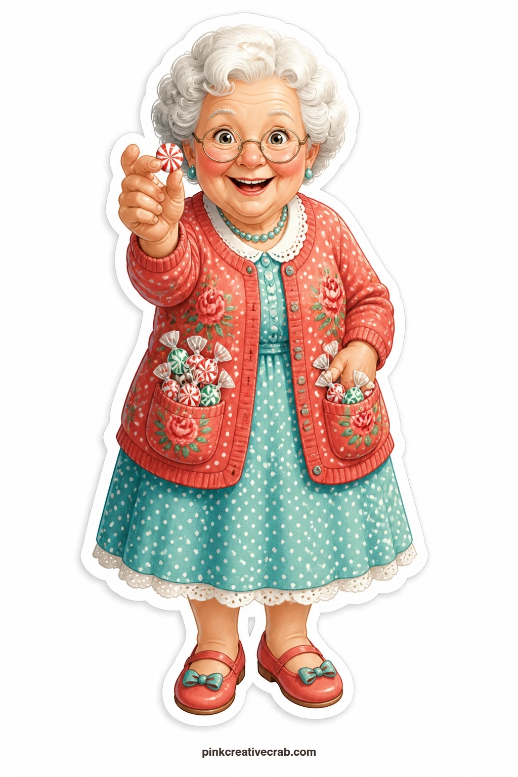 The Peppermint Pocket Grandma printable page — Cardigan pockets stuffed with candy and a peppermint held out in one hand, this grandma makes the easiest card