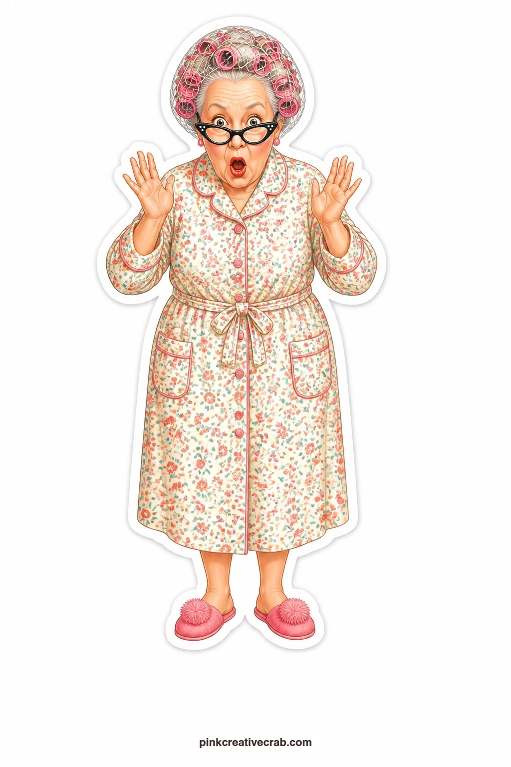 The Curlers and Hair Net Grandma printable page — Hair in curlers under a net, glasses pushed down her nose, this grandma peers over them with a look of pure