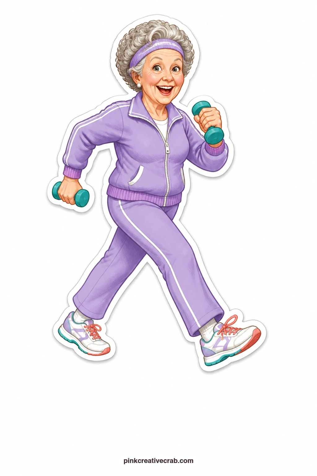 The Power Walking Grandma printable page — Lavender tracksuit, tiny hand weights, a face set with total determination: this grandma is built for a card that