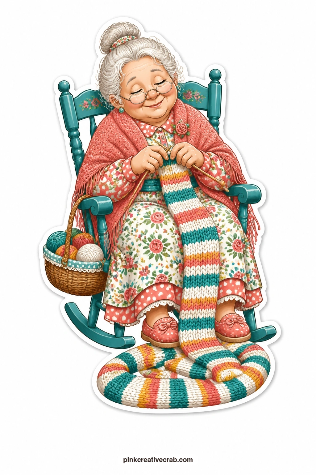 The Sleepy Knitting Grandma printable page — Wrapped in a shawl in her rocking chair, eyes half closed, she keeps knitting a scarf so long it pools in coils at