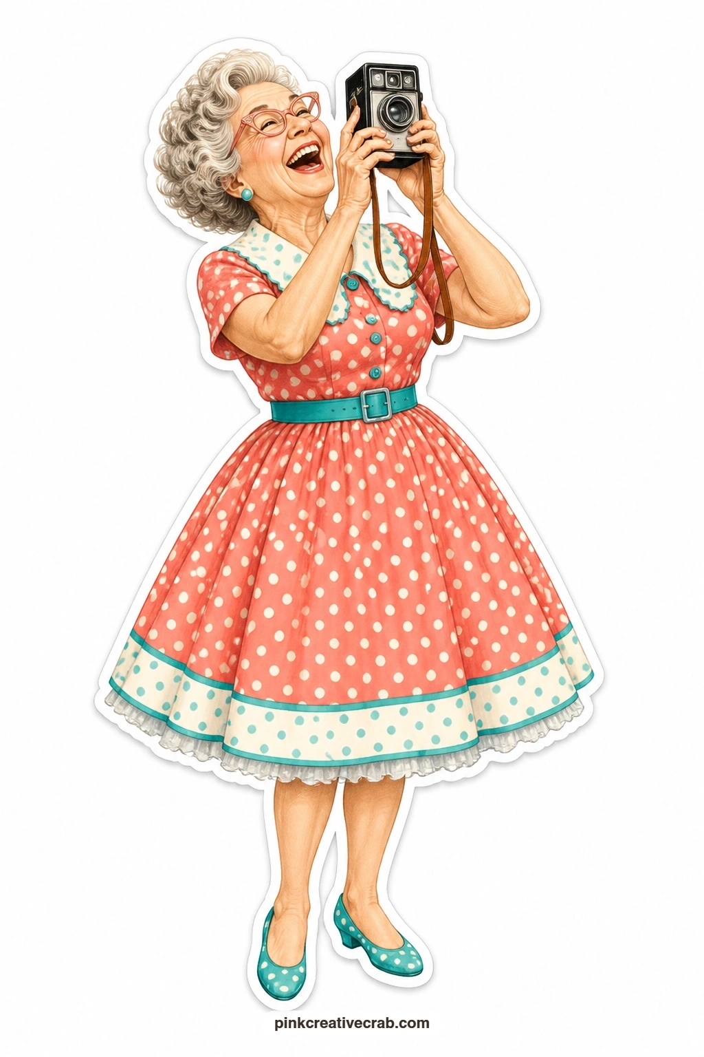 The Polka Dot Camera Grandma printable page — Laughing with her whole face, holding up an old box camera, this grandma is the one who always says "one more