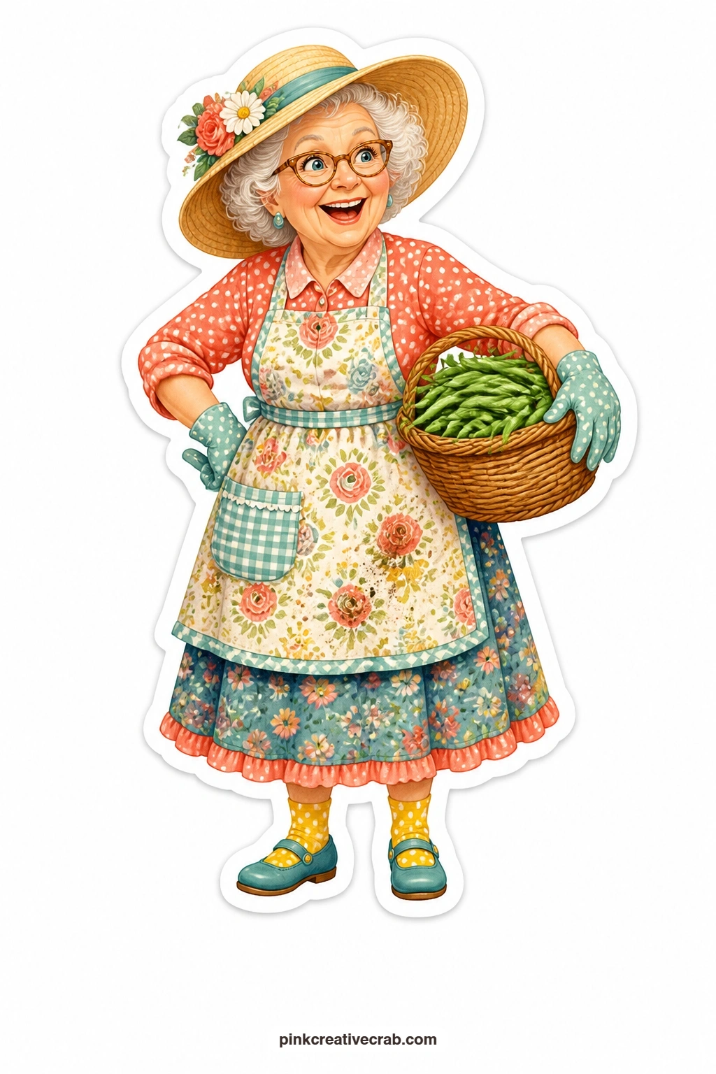 The Proud Green Bean Grandma printable page — Wide gardening hat shading her face, basket of fresh green beans held at her hip, this grandma wears pure pride