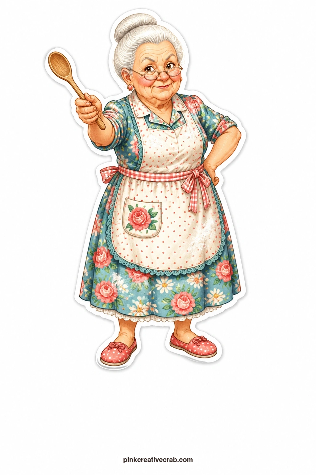 The Wooden Spoon Grandma printable page — White bun pinned neat, one eyebrow raised, wooden spoon pointed like she means business but her eyes stay kind: this