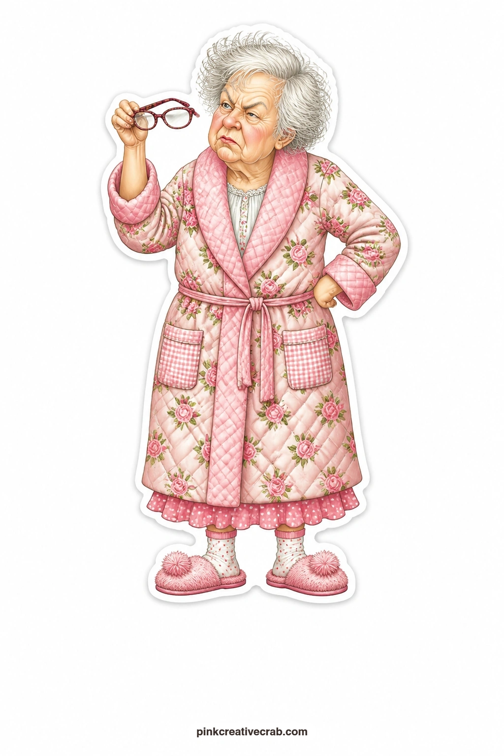The Missing Glasses Grandma printable page — Pink bathrobe, slippers, a grumpy scowl aimed right at the reading glasses she finally found sitting on her own