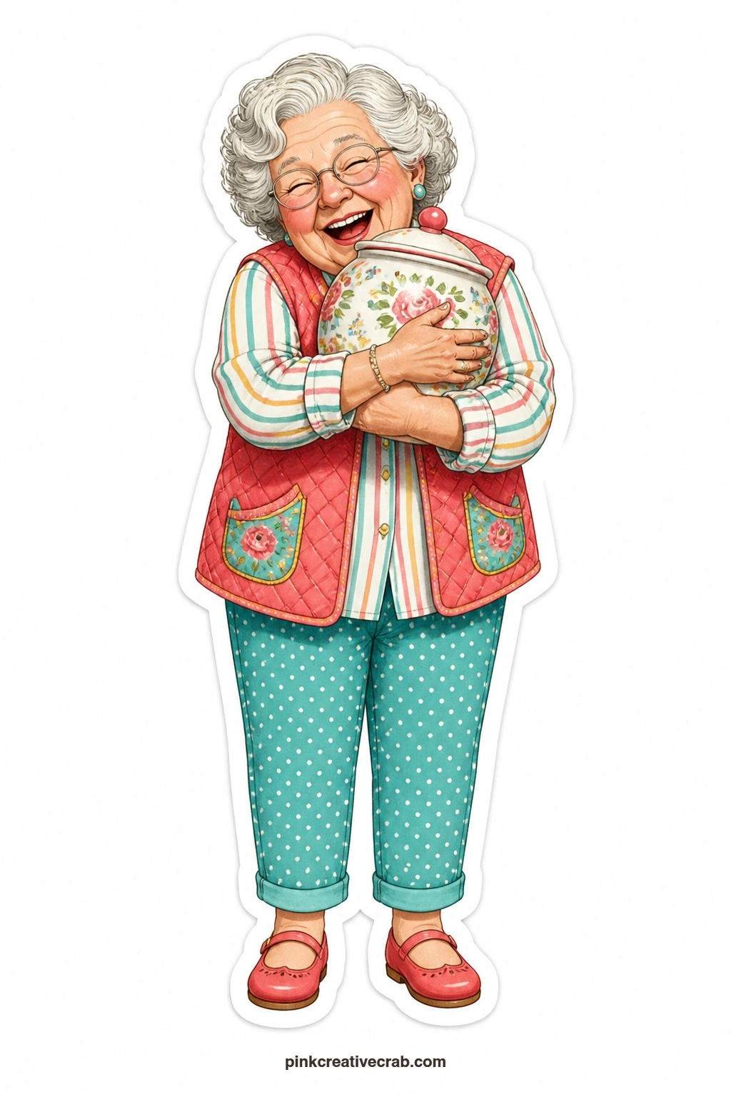 The Cookie Jar Hug Grandma printable page — Quilted vest, giggling with her eyes squeezed shut, arms wrapped tight around a ceramic cookie jar like she just