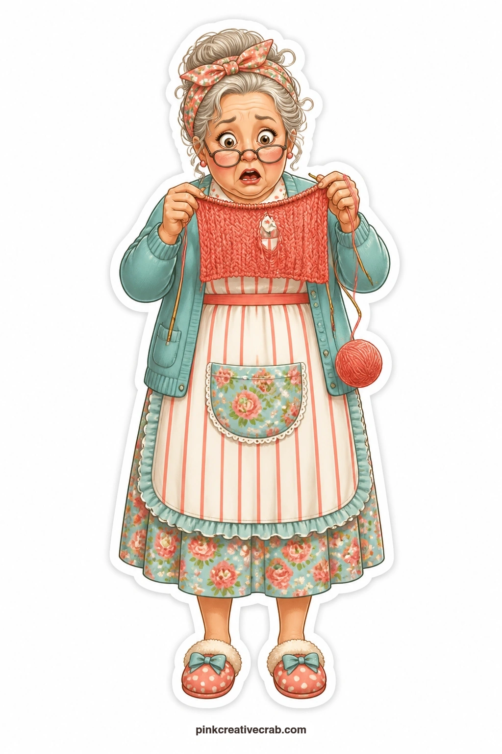 The Dropped Stitch Grandma printable page — Flustered and wide-eyed, striped apron askew, knitting held up to inspect a dropped stitch: this grandma belongs on