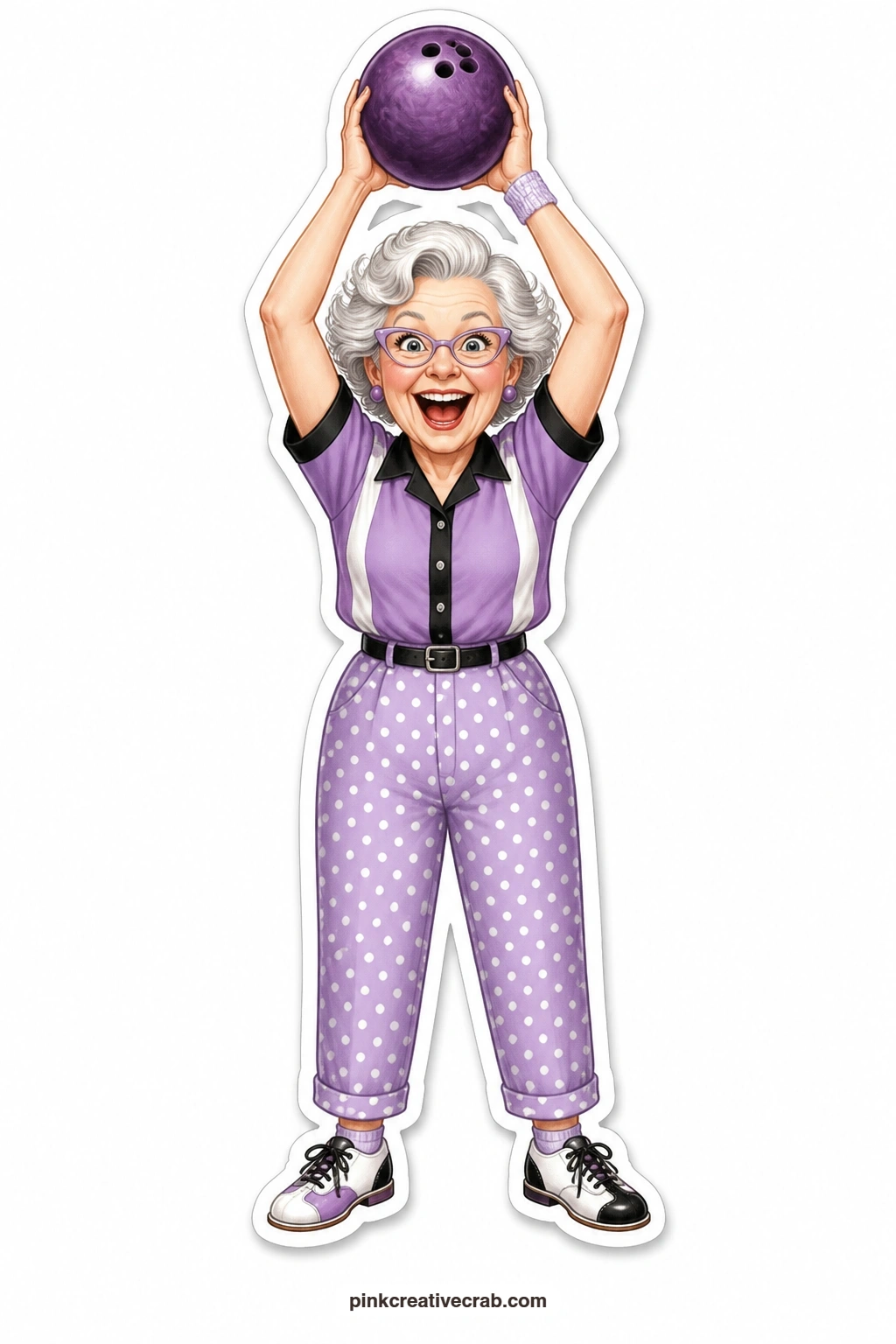 The Bowling Night Grandma printable page — Team shirt, bowling shoes, a triumphant grin as she holds her bowling ball high overhead, this doll is built for a